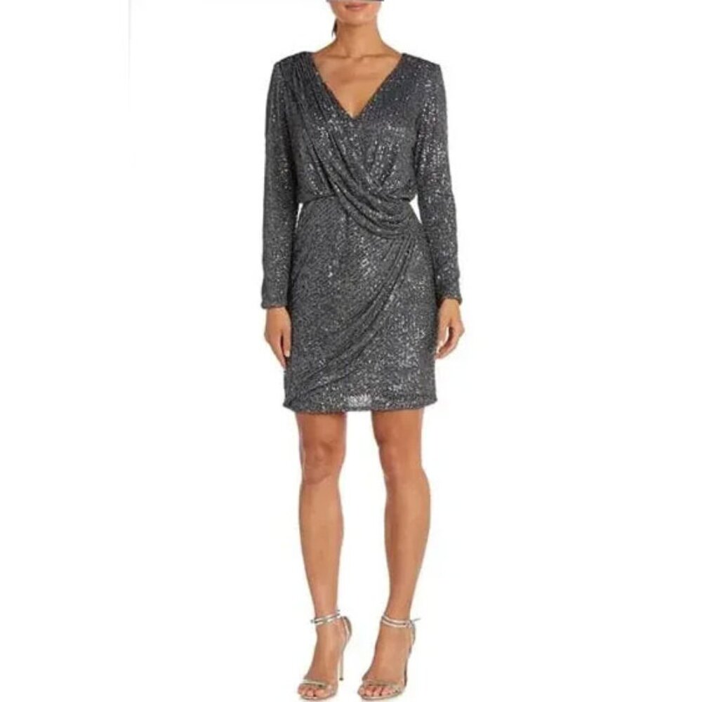 Nightway Gunmetal Sequin Faux Wrap Dress 14 Lined